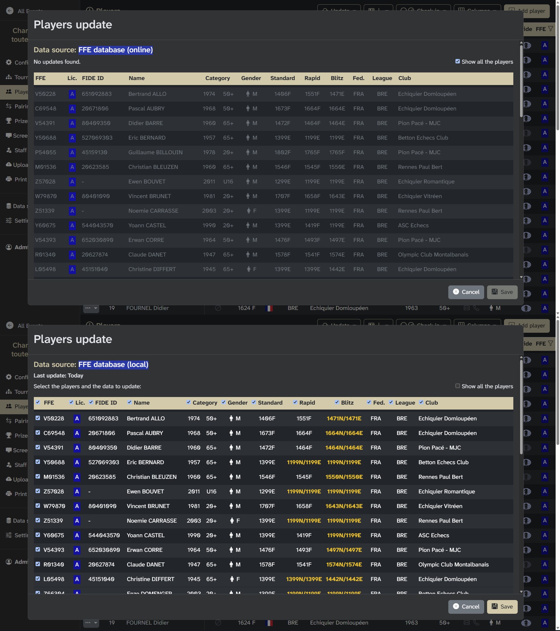 Ranking differences between the online and local _FFE_ databases