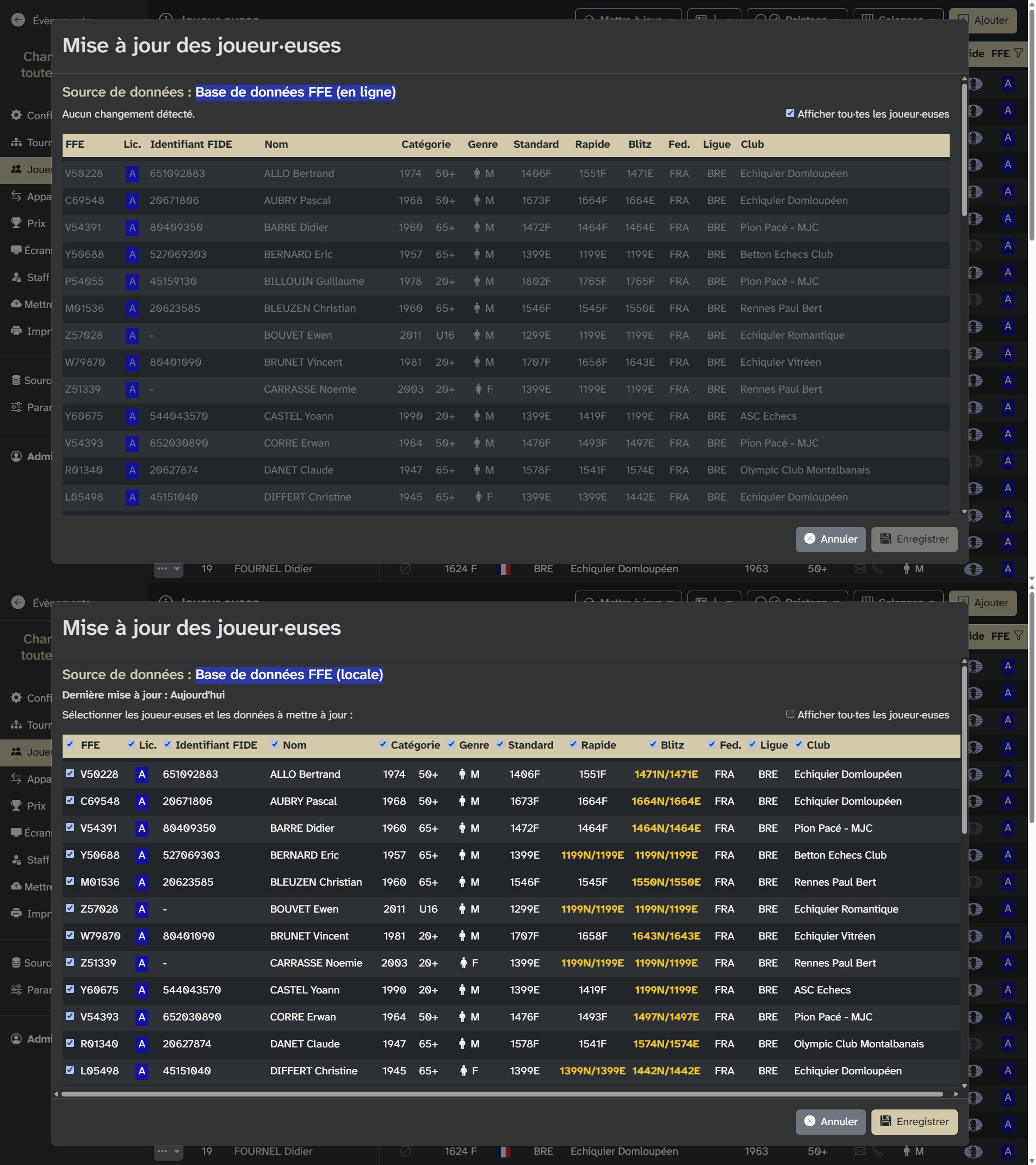 Différences de classements entre la base _FFE_ en ligne et la base _FFE_ locale
