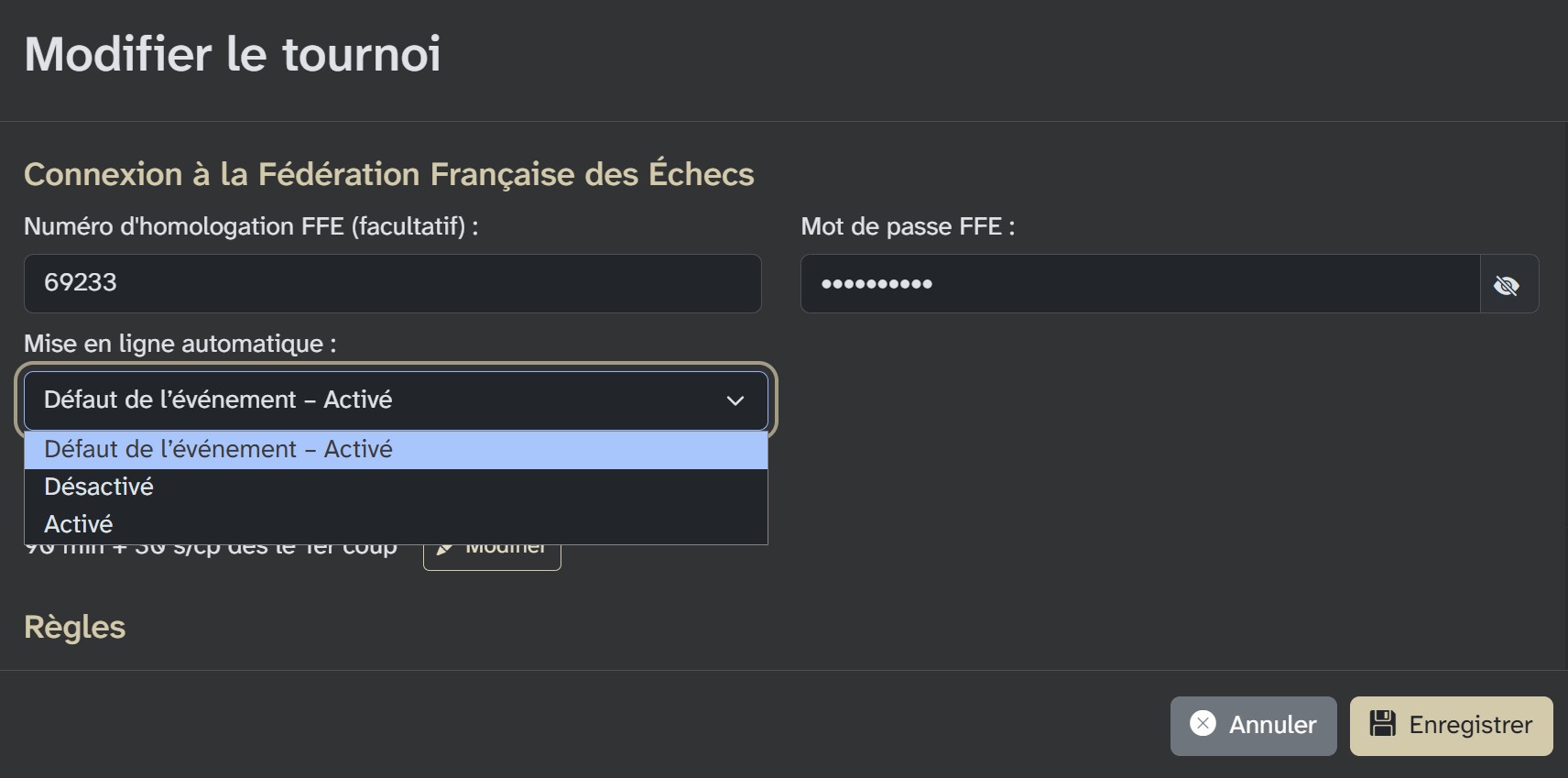 Activation de la mise en ligne automatique pour un tournoi