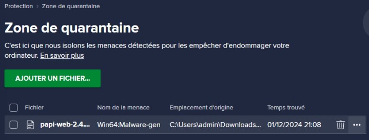 Fichier exécutable en quarantaine