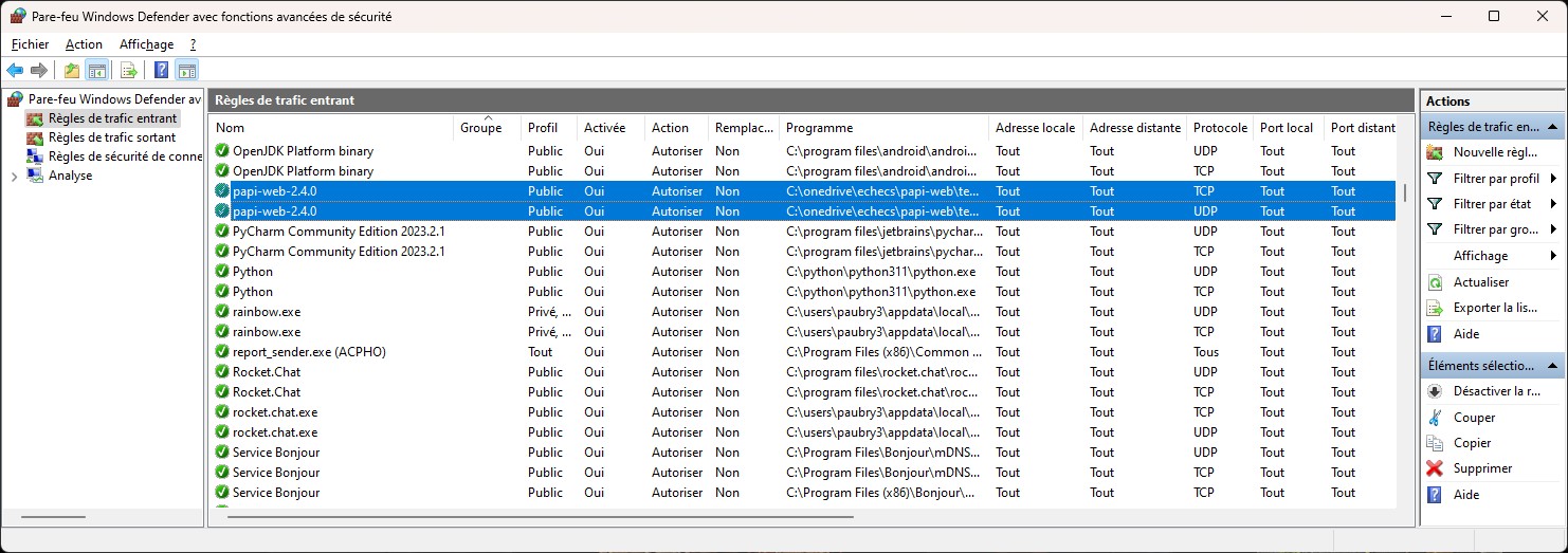 Exemple d'autorisation du pare-feu _Microsoft Defender_ pour Sharly Chess